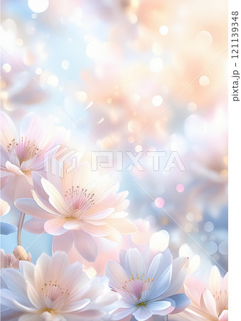 The image features an array of delicate flowers, predominantly in shades of soft pink and lavender, with a dreamy bokeh that enhances their ethereal appearance 121139348