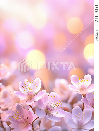 The image features an array of delicate flowers, predominantly in shades of soft pink and lavender, with a dreamy bokeh that enhances their ethereal appearance 121139351