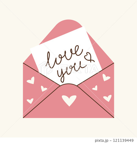 A postcard in an envelope with a declaration of love, handwriting, congratulations on Valentine's Day, wedding, design element. 121139449