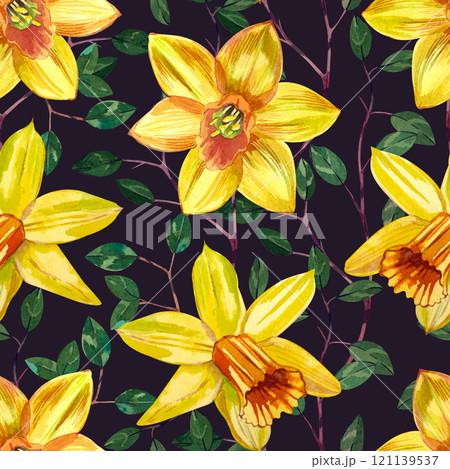 Yellow daffodils and green leaves and branches, hand painted in watercolor. Seamless watercolor pattern with daffodils. Suitable for printing on cards, invitations, for March 8, spring products 121139537