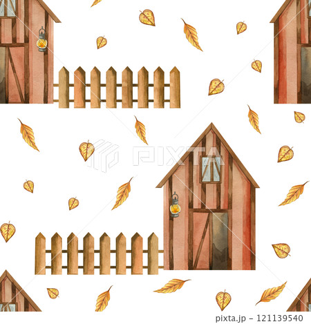 Farm with a fence and autumn leaves, a barn for storing grain, hay, with an open door and a burning lantern. Seamless watercolor pattern. All objects are hand-drawn with watercolors. For printing. 121139540
