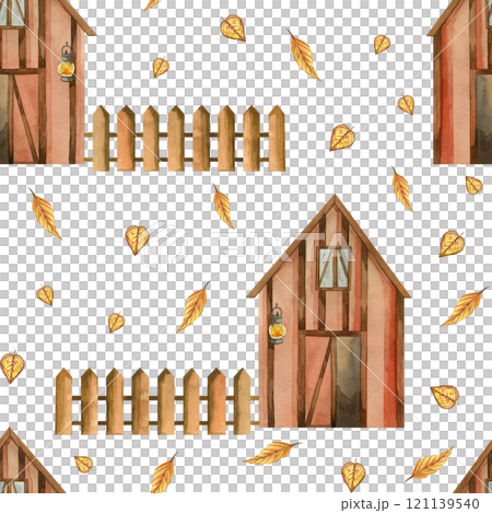 Farm with a fence and autumn leaves, a barn for storing grain, hay, with an open door and a burning lantern. Seamless watercolor pattern. All objects are hand-drawn with watercolors. For printing. 121139540