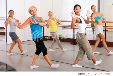 Group of active women practicing energetic dance in a studio Group of active women practicing energetic dance in a studio 121139666
