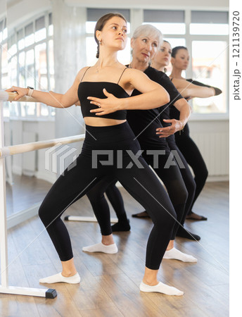 Group of women perform plie at ballet barre Group of women perform plie at ballet barre 121139720