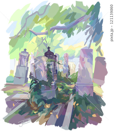 Picturesque view of a peaceful cemetery on a sunny day Picturesque view of a peaceful cemetery on a sunny day 121139860