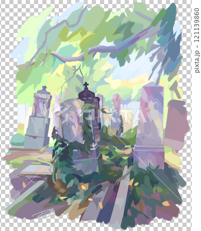 Picturesque view of a peaceful cemetery on a sunny day Picturesque view of a peaceful cemetery on a sunny day 121139860