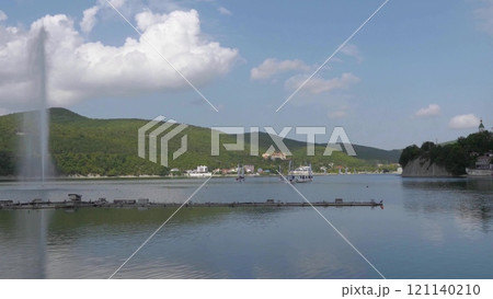 Abrau Durso, Russia 28 August 2024: Panoramic view of the lake Abrau-Durso with sailboats on a sunny day 121140210