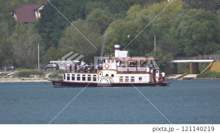 Abrau Durso, Russia 28 August 2024: The retro steamship Champagne is moored at the pier on the embankment of Lake Abrau-Durso 121140219