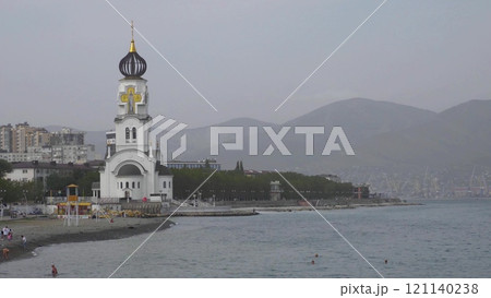 Novorossiysk, Russia 28 August 2024 Church of St. Peter and Fevronia of the Murom Wonderworkers on the embankment of Novorossiysk in the Black Sea coast Novorossiysk, Russia 28 August 2024 Church of St. Peter and Fevronia of the Murom Wonderworkers on the embankment of Novorossiysk in the Black Sea coast 121140238