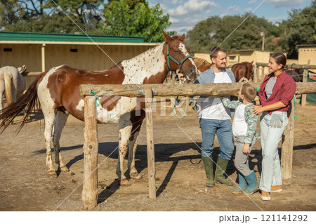 Father, mother and son riding horse together at small horse farm 121141292