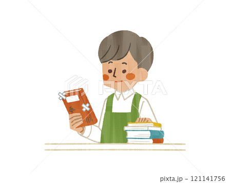 傷や汚れのある本を持っているエプロンを着用した男性-ガッシュ 121141756