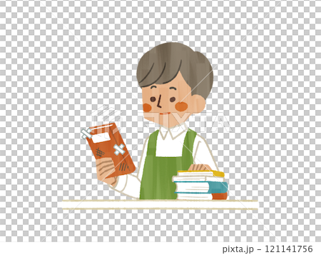 傷や汚れのある本を持っているエプロンを着用した男性-ガッシュ 121141756