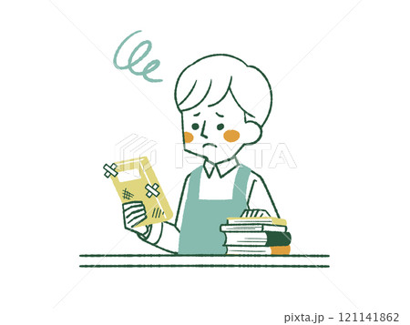 困った表情で傷や汚れのある本を持っているエプロンを着用した男性-4色 121141862