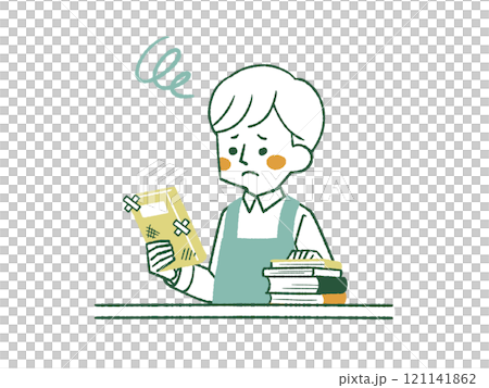 困った表情で傷や汚れのある本を持っているエプロンを着用した男性-4色 121141862