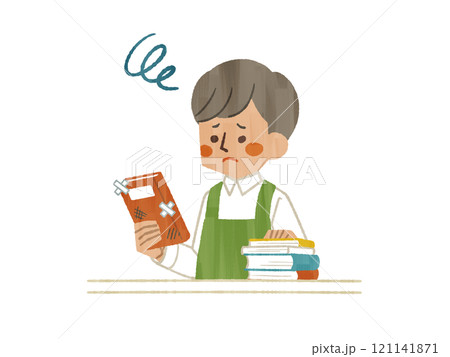 困った表情で傷や汚れのある本を持っているエプロンを着用した男性-ガッシュ 困った表情で傷や汚れのある本を持っているエプロンを着用した男性-ガッシュ 121141871