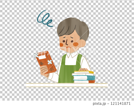 困った表情で傷や汚れのある本を持っているエプロンを着用した男性-ガッシュ 困った表情で傷や汚れのある本を持っているエプロンを着用した男性-ガッシュ 121141871