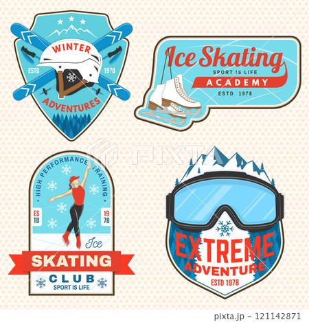 Set of ski and Ice Skate sport retro badge, textile patch. Vector shirt, print, seal or stamp with ski glasses, mountain, skate, skates blades and helmet. Family vacation, activity or travel. Set of ski and Ice Skate sport retro badge, textile patch. Vector shirt, print, seal or stamp with ski glasses, mountain, skate, skates blades and helmet. Family vacation, activity or travel. 121142871