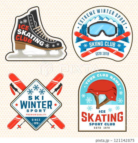 Set of ski and Ice Skate club, logo, badge, textile patch. Concept for shirt or logo, print, stamp or tee with ski glasses, ski, ice skater, skate, skates blades and helmet. Winter sport. Vector Set of ski and Ice Skate club, logo, badge, textile patch. Concept for shirt or logo, print, stamp or tee with ski glasses, ski, ice skater, skate, skates blades and helmet. Winter sport. Vector 121142875