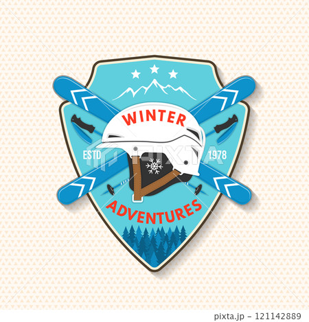 Winter adventures. Vector ski club retro badge, textile patch. Concept for shirt, print, seal or stamp with skis, ski poles, helmet. Family vacation, activity or travel. For logo design, patches Winter adventures. Vector ski club retro badge, textile patch. Concept for shirt, print, seal or stamp with skis, ski poles, helmet. Family vacation, activity or travel. For logo design, patches 121142889