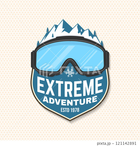 Extreme winter adventures. Vector ski club retro badge, textile patch. Concept for shirt, print, seal or stamp with mountain, ski glasses. Family vacation, activity or travel. For logo design, patches Extreme winter adventures. Vector ski club retro badge, textile patch. Concept for shirt, print, seal or stamp with mountain, ski glasses. Family vacation, activity or travel. For logo design, patches 121142891