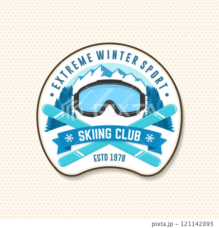 Extreme winter sport. Vector ski club retro badge, textile patch. Concept for shirt, print, seal or stamp with mountain, ski, ski glasses. Family vacation, activity or travel. For logo design, patches Extreme winter sport. Vector ski club retro badge, textile patch. Concept for shirt, print, seal or stamp with mountain, ski, ski glasses. Family vacation, activity or travel. For logo design, patches 121142893