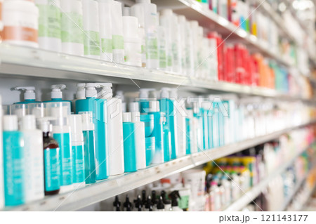 Hair care products on store shelves in supermarket Hair care products on store shelves in supermarket 121143177