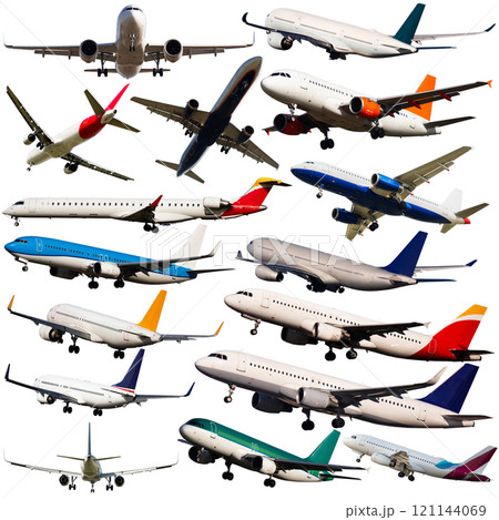 Collage of different passenger airplanes 121144069