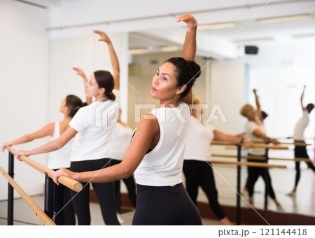 Group of women doing ballet dance moves 121144418
