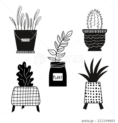 A set of indoor plants, in black and white. It is made in the style of a doodle. A hand-drawn houseplant. Contour vector illustration. Perfect for postcards, decorations and logos. 121144603