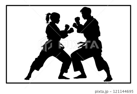 Fight between karate woman and man fighters in kimono and black belt, kick in action vector illustration Fight between karate woman and man fighters in kimono and black belt, kick in action vector illustration 121144695