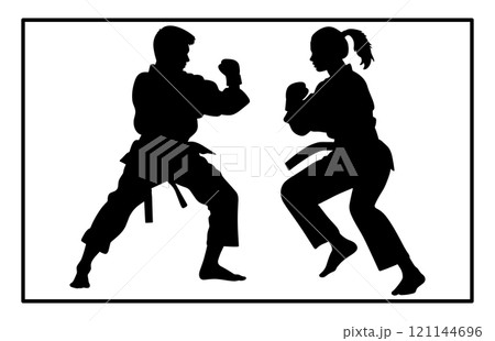 Fight between karate woman and man fighters in kimono and black belt, kick in action vector illustration Fight between karate woman and man fighters in kimono and black belt, kick in action vector illustration 121144696