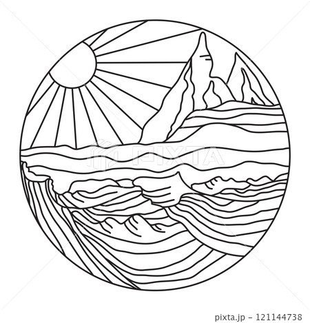 line drawing of landscape with sun, water and mountains 121144738