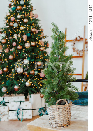 Small spruce tree in wicker basket in decorated interior on Christmas tree with ornaments background 121144840
