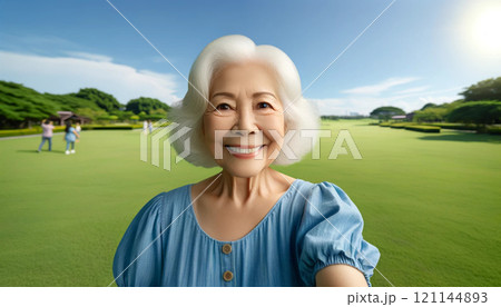 青いドレスを着て微笑んでいるおばあさん70歳 青いドレスを着て微笑んでいるおばあさん70歳 121144893