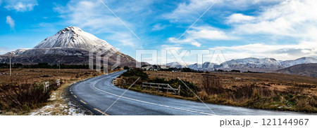 Aerial view of Mount Errigal in the winter, the highest mountain in Donegal - Ireland. 121144967