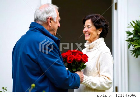 Happy Elderly couple with bouquet of red roses. Man gives a bouquet of flowers to a Woman, standing near a house, outdoors 121145066