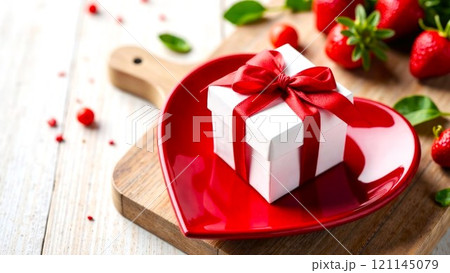 White Gift Box with red ribbon, on red heart-shaped plate, on the white table. Close-up of gift box. Holiday illustration, greeting card White Gift Box with red ribbon, on red heart-shaped plate, on the white table. Close-up of gift box. Holiday illustration, greeting card 121145079