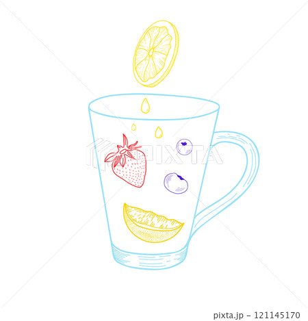 Healthy drink and food in one glass: strawberries, blueberries, lemon slices, and drops of lemon juice 121145170
