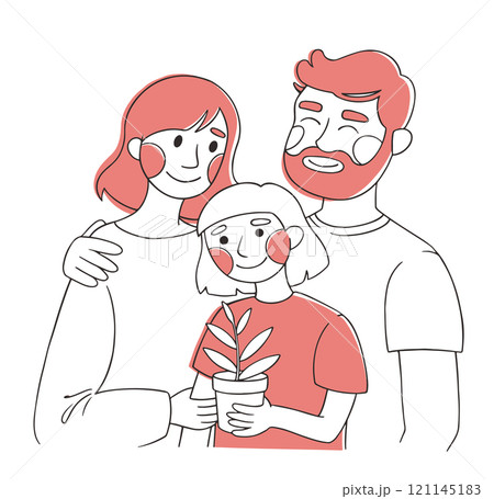 family portrait in simple doodle style. hand drawn vector illustration of a couple with a teenage child. line art family portrait in simple doodle style. hand drawn vector illustration of a couple with a teenage child. line art 121145183
