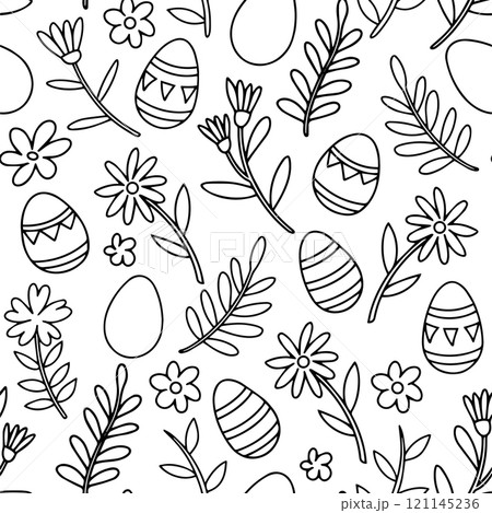 cute seamless pattern with easter eggs and flowers. simple print in doodle style. coloring book cute seamless pattern with easter eggs and flowers. simple print in doodle style. coloring book 121145236