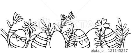 cute seamless border with easter eggs and flowers. simple frame in doodle style. coloring book cute seamless border with easter eggs and flowers. simple frame in doodle style. coloring book 121145237
