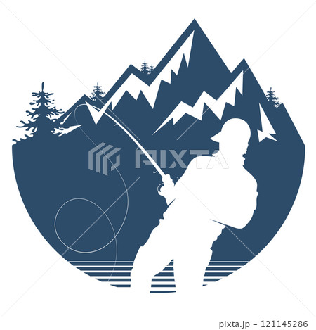 Water forest mountains and fisherman symbol 121145286