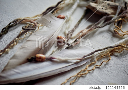 Dream catchers, their elements. Natural materials, threads, wood. Omulet for a restful sleep. Shamanism 121145326