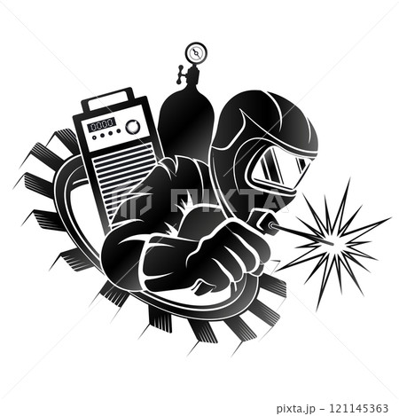 Welder in mask uniform with welding machine silhouette 121145363