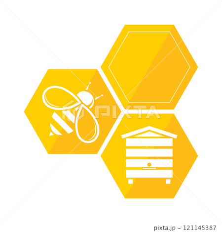 Yellow honeycomb with bee and hive 121145387