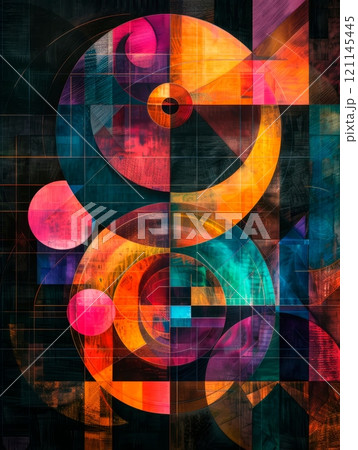 Geometric patterns and shapes based on the geometric patterns, on a dark background . 121145445