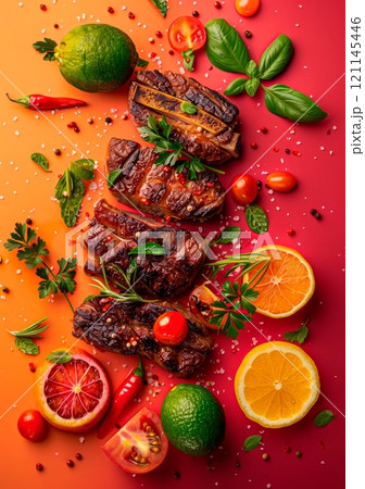 Hot and spicy meat dishes, vibrant with chilies and spices, transitioning into a hot pink gradient for energetic 121145446