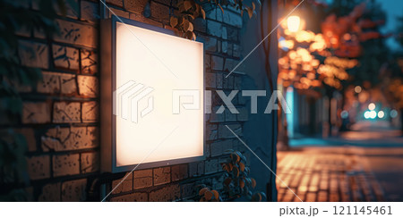 White square light box mounted on a brick wall near a sidewalk, glowing softly, awaiting advertisement 121145461