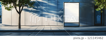 White signboard with a minimalist frame on a sidewalk, suitable for elegant ad displays 121145462