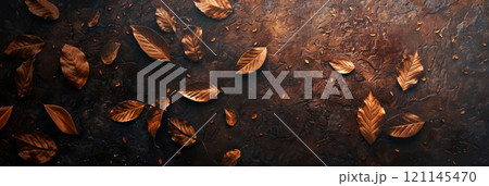 Minimalist autumn background with abstract leaf outlined in gold and copper tones on a textured, dark brown backdrop Minimalist autumn background with abstract leaf outlined in gold and copper tones on a textured, dark brown backdrop 121145470